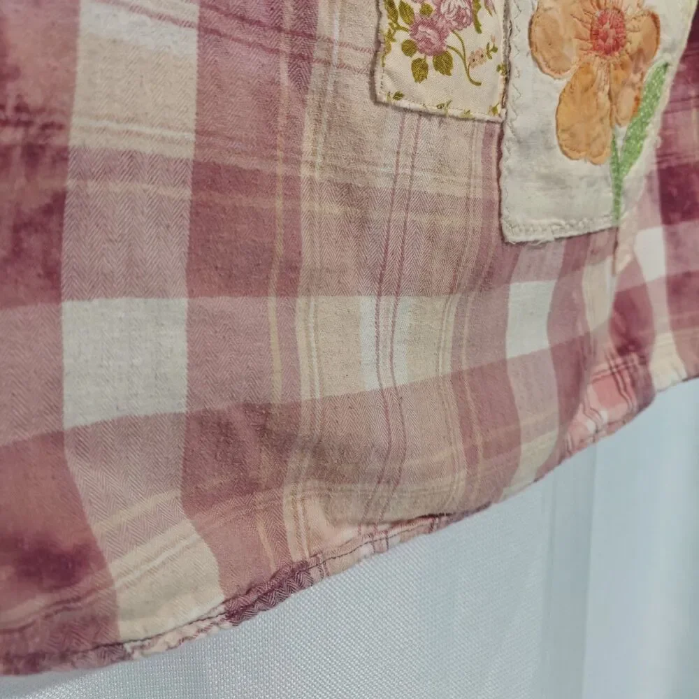 Upcycled Shabby Patchwork Flannel Shirt L Flower Festival Artsy Boho Hippie - Picture 11 of 11